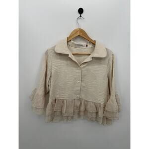 Origami Cropped Cream Boho Button Front Shirt Women Sz S Ruffle Coquette Dainty